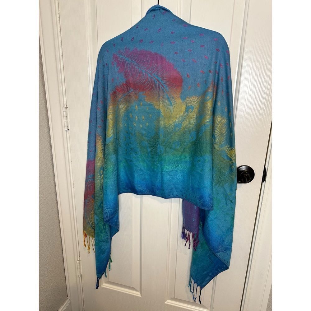 Pashmina Blue Multicolor Feather Stitched Scarf Shawl OS Bohemian Tropical Fairy